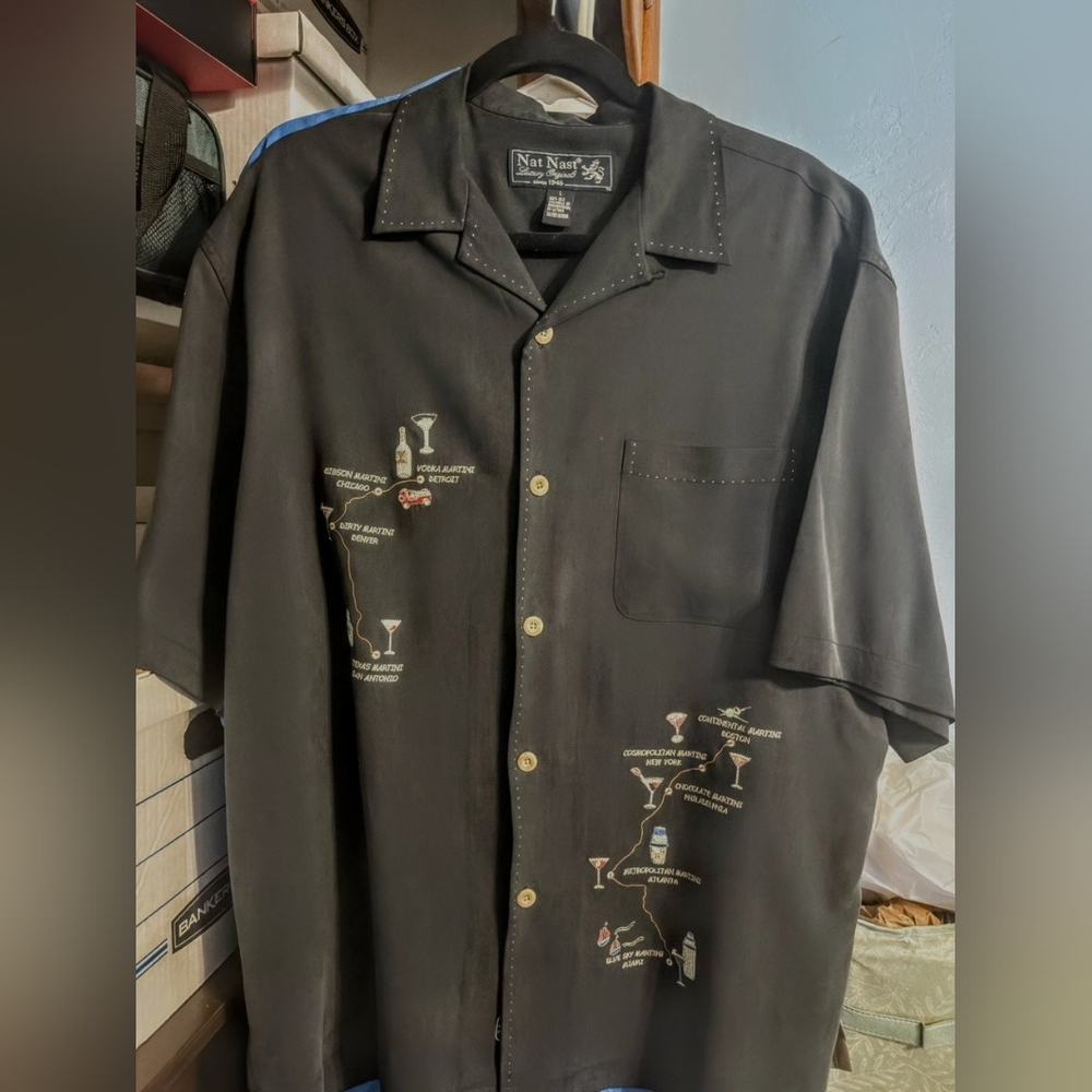 Nat Nast Luxury Originals 100% Silk Camp Shirt Martini Cities Large